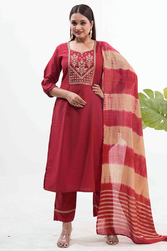 Maroon Colour Embroidery Roman Silk Pant Style Suit VSSS1113523