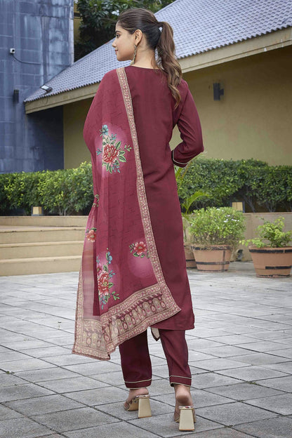 Maroon Colour Embroidery Viscose Chanderi Pant Style Suit VSSS1113465