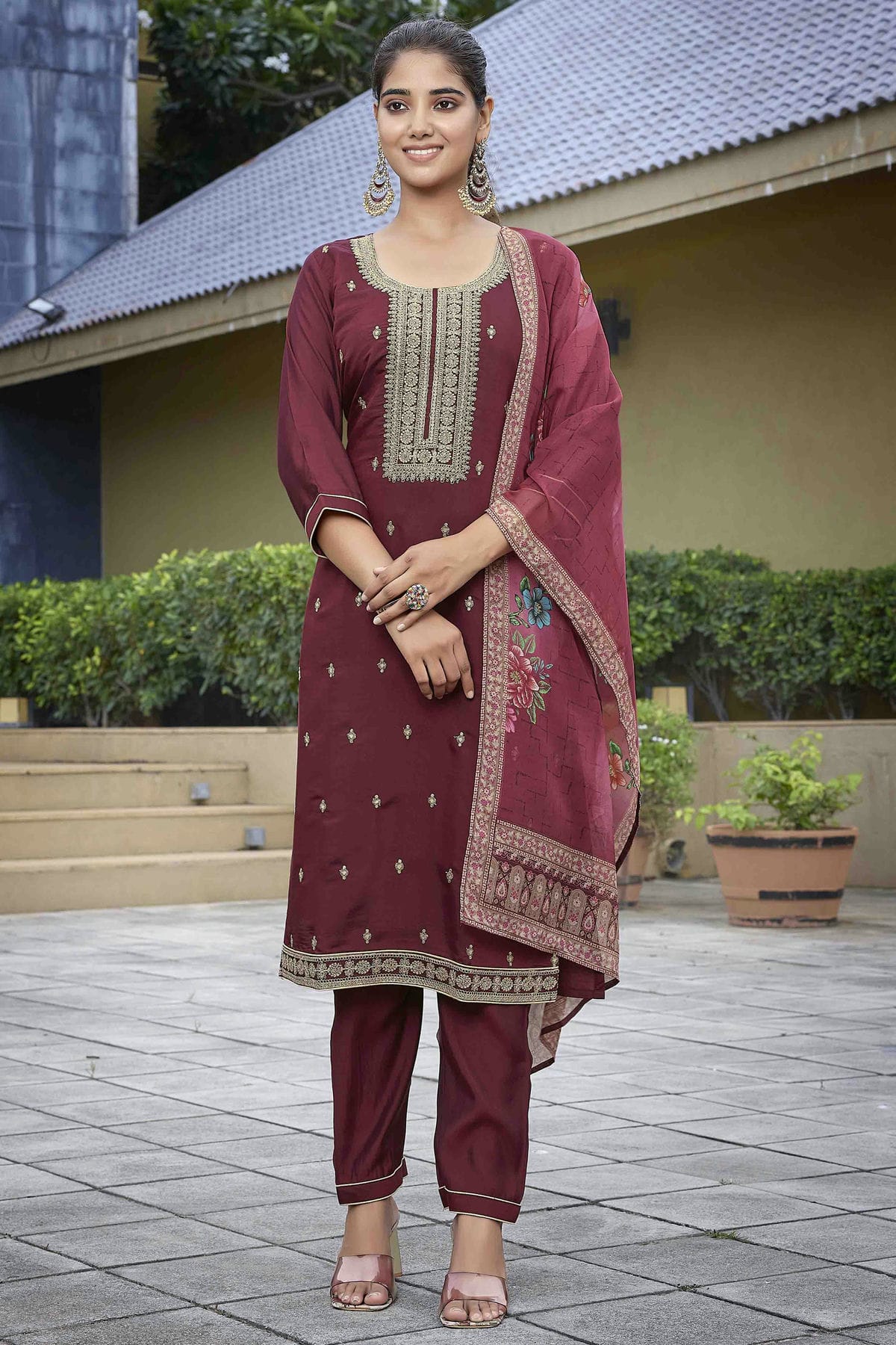 Maroon Colour Embroidery Viscose Chanderi Pant Style Suit VSSS1113465