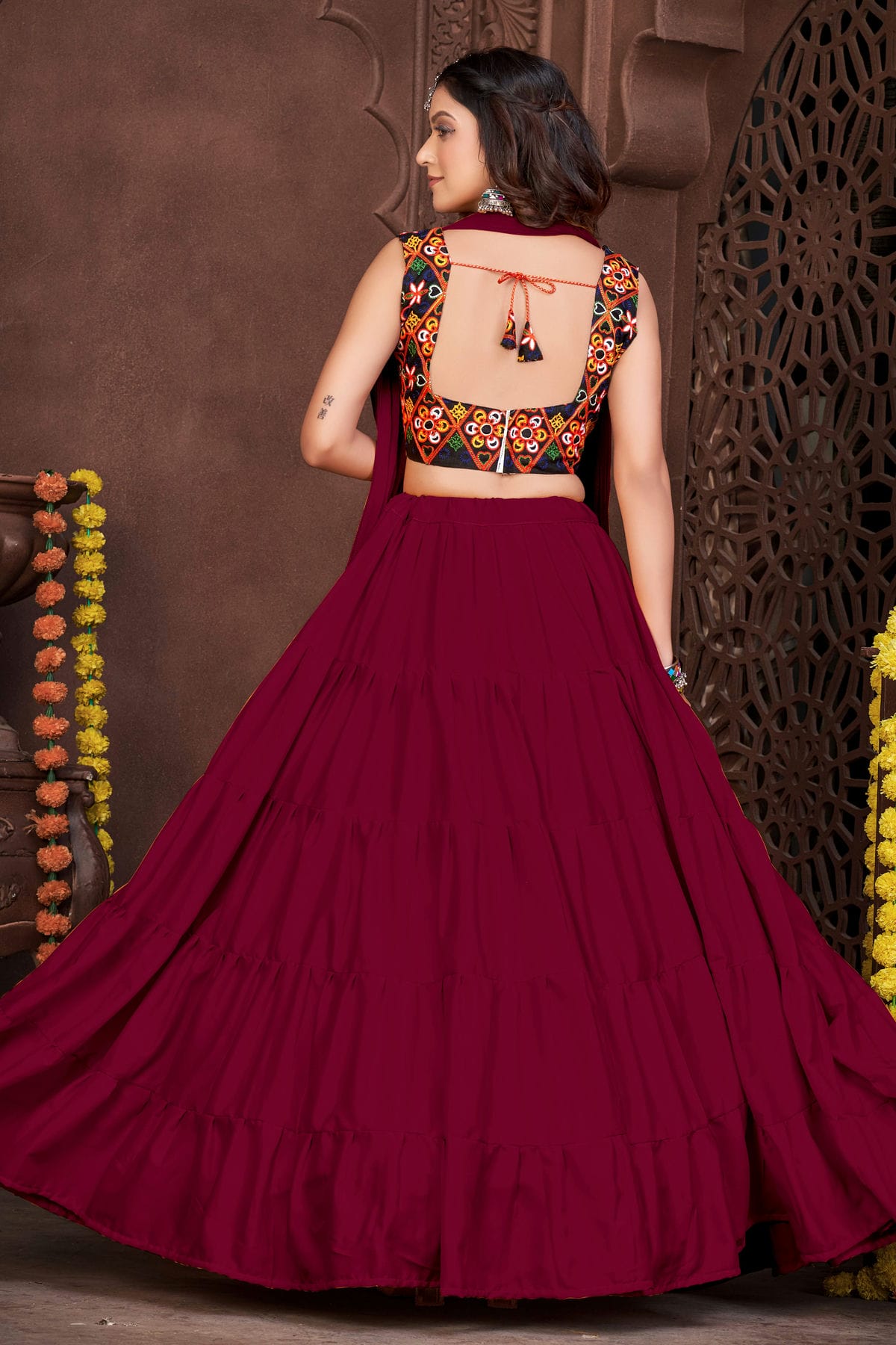 Maroon Colour Embroidery Work French Crepe Navratri Lehenga VSLD1170008