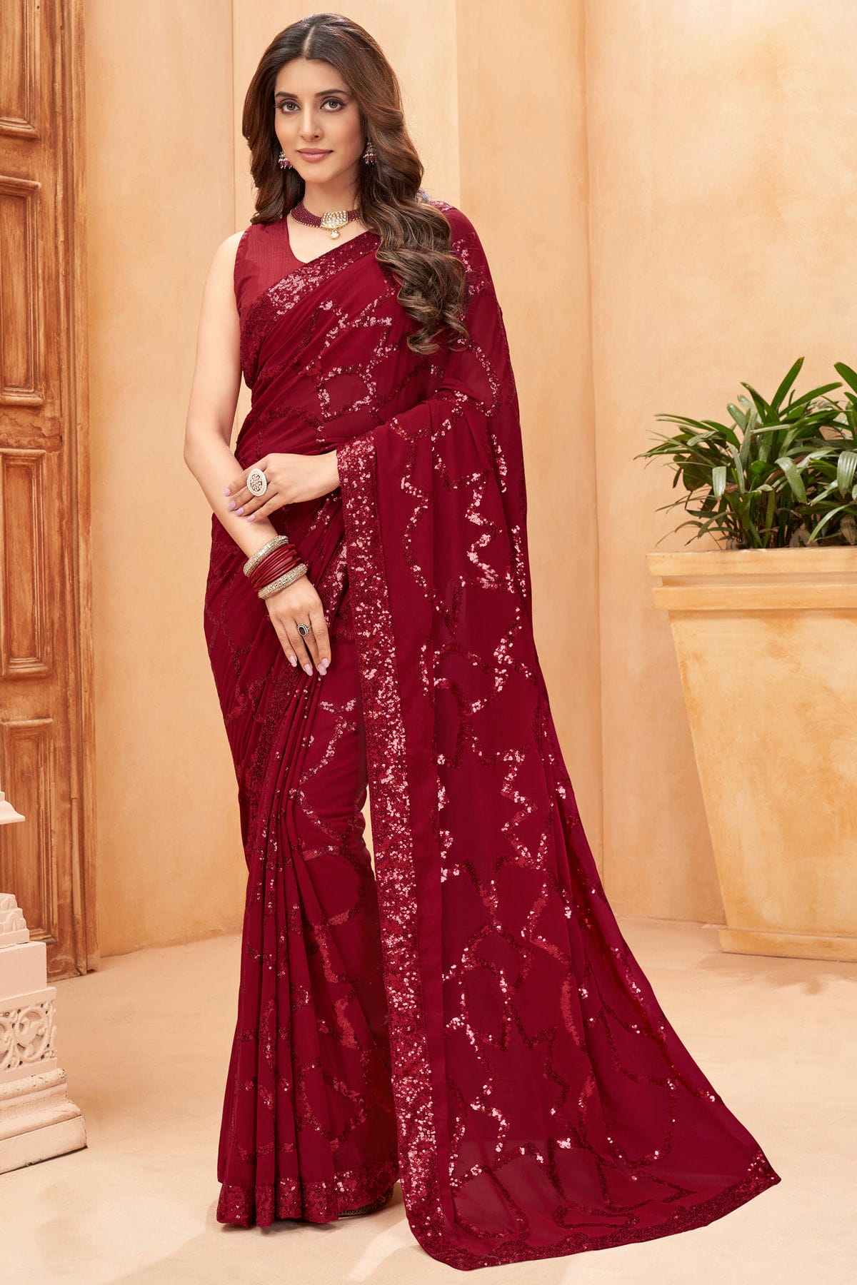 Maroon Colour Faux Georgette Designer Saree