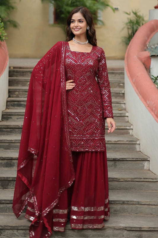 Maroon Colour Faux Georgette Stitched Salwar Suit