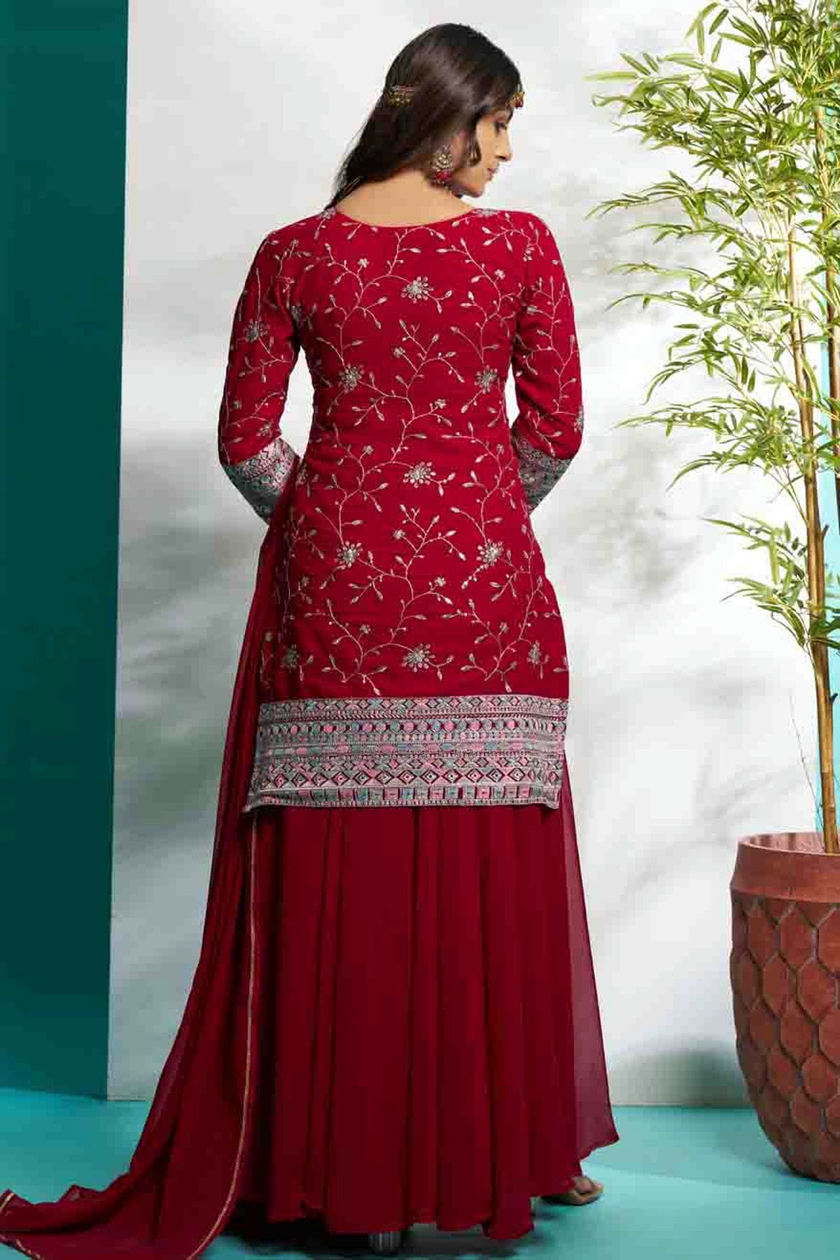 Maroon Colour Faux Georgette Stitched Suit