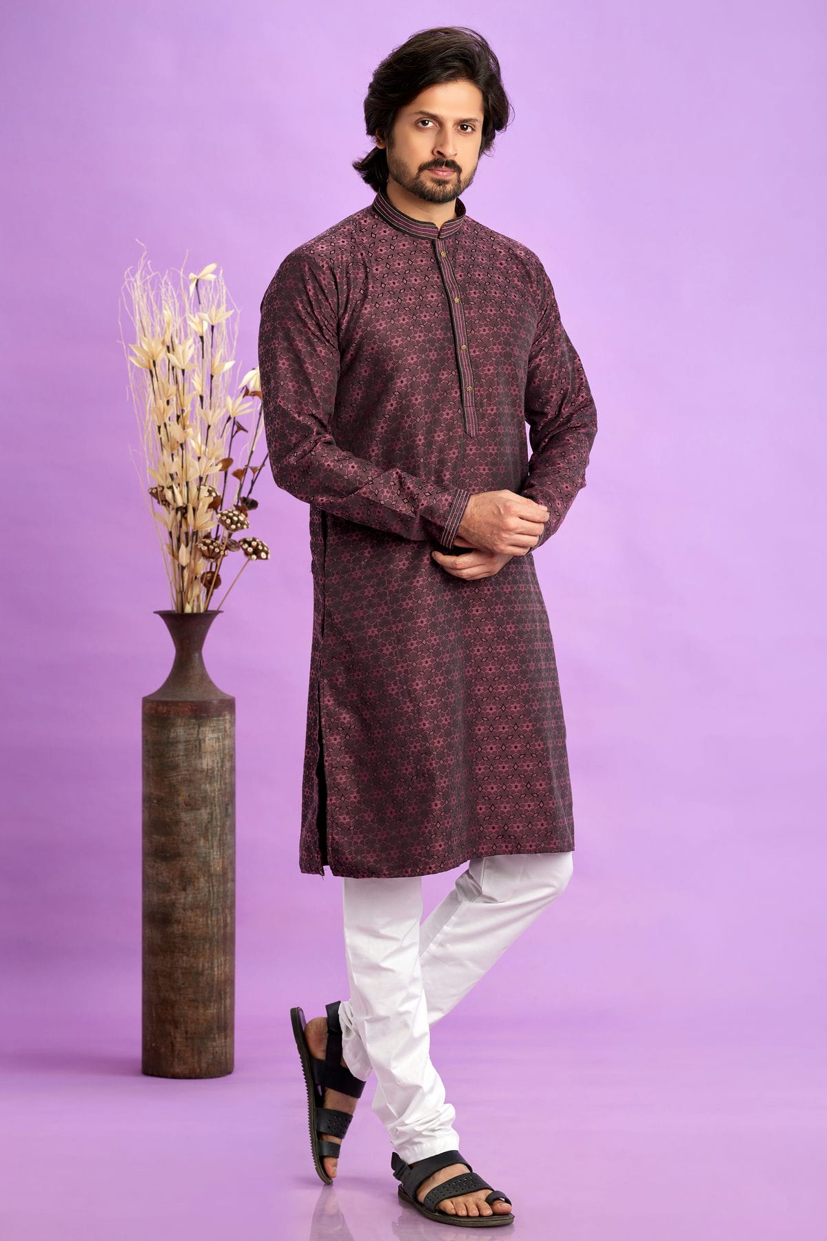 Maroon Colour Jacquard Art Silk Pintex Work Kurta Pajama