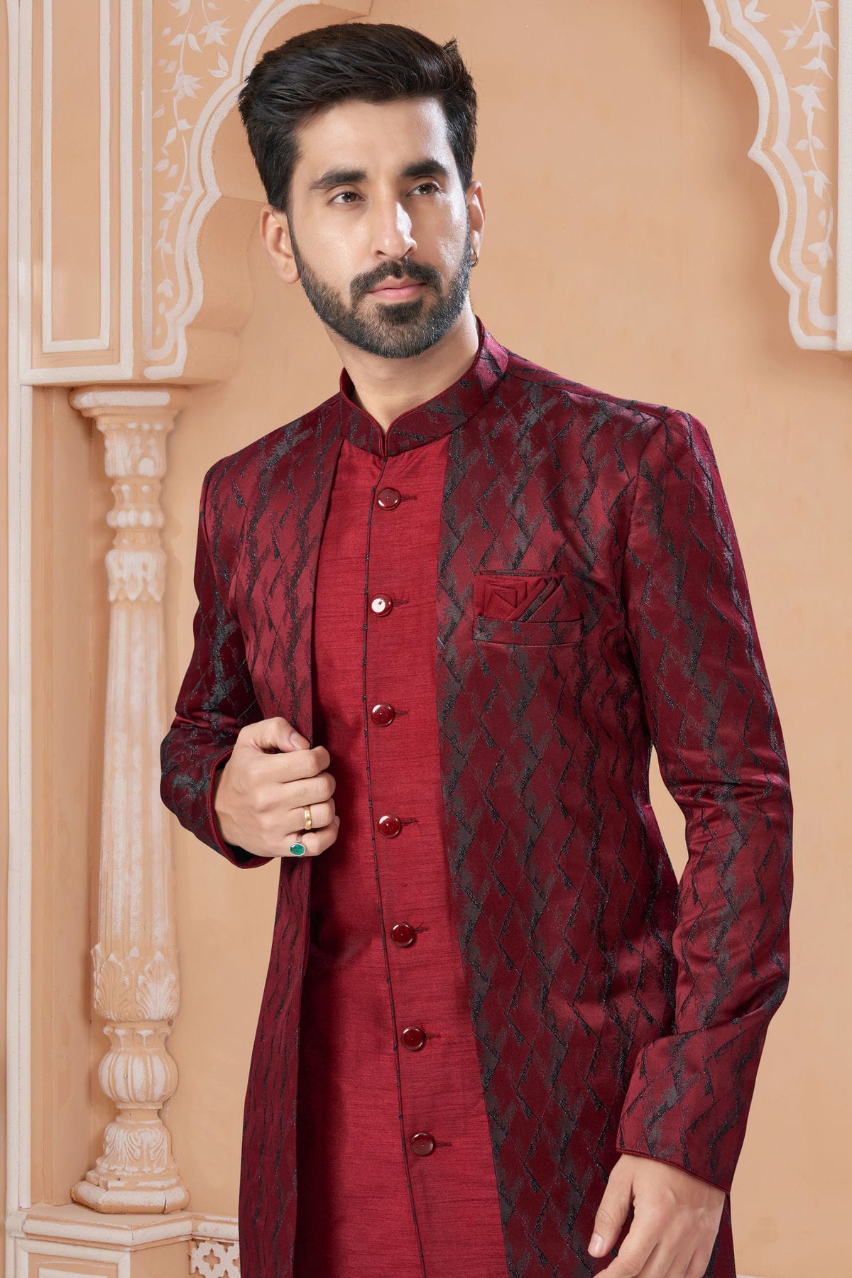 Maroon Colour Jacquard Sherwani VSSH1040555