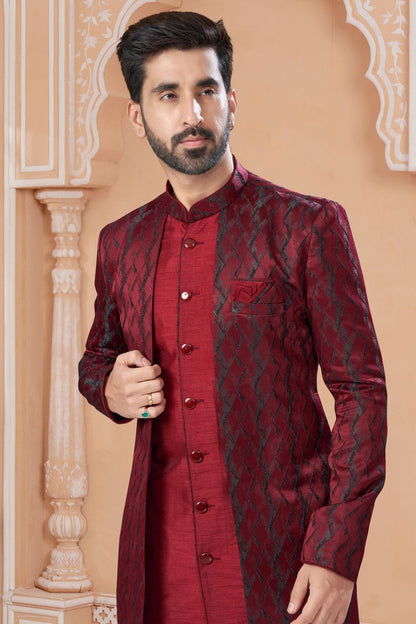 Maroon Colour Jacquard Sherwani VSSH1040555