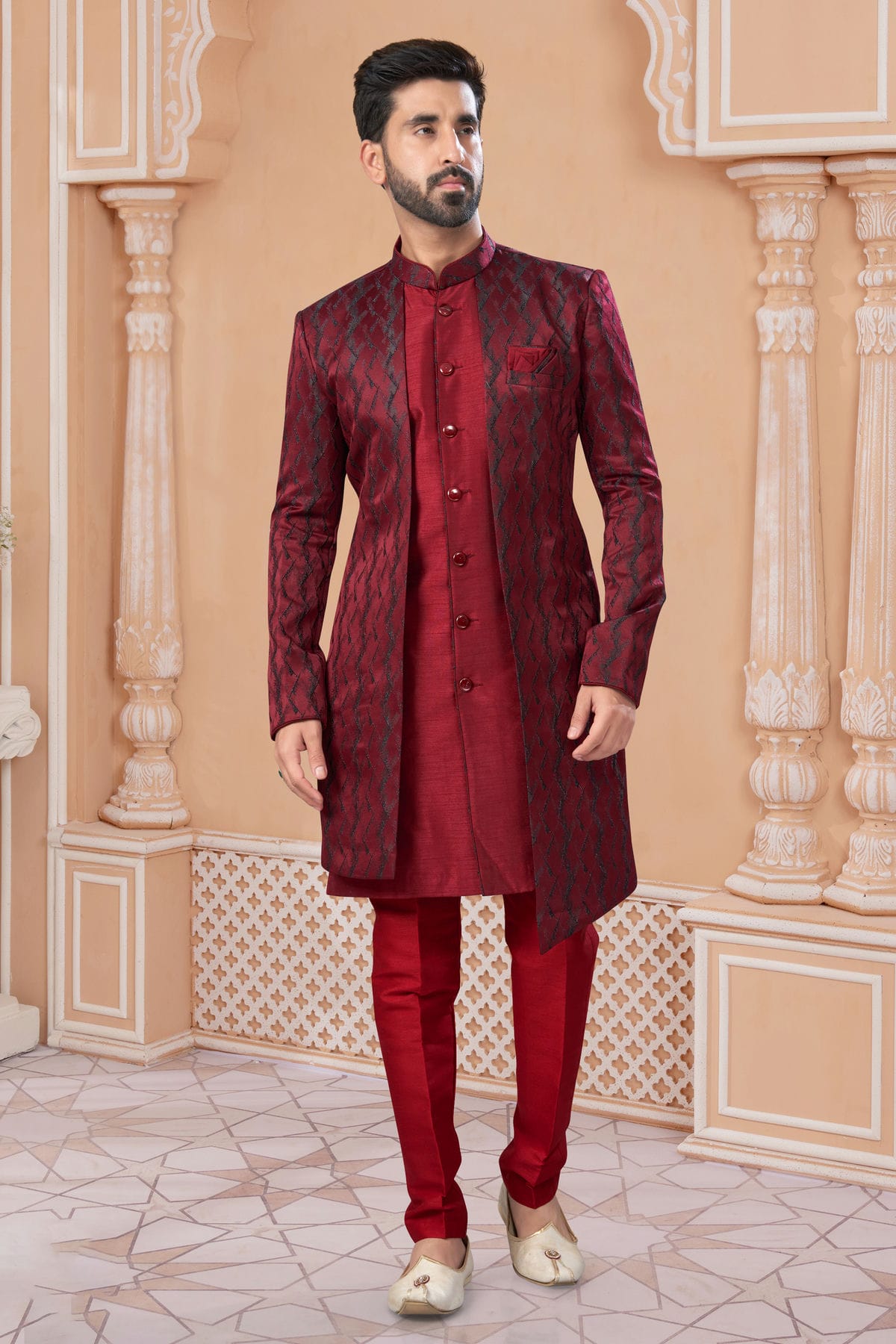 Maroon Colour Jacquard Sherwani VSSH1040555