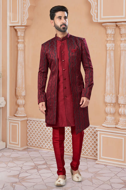 Maroon Colour Jacquard Sherwani VSSH1040555