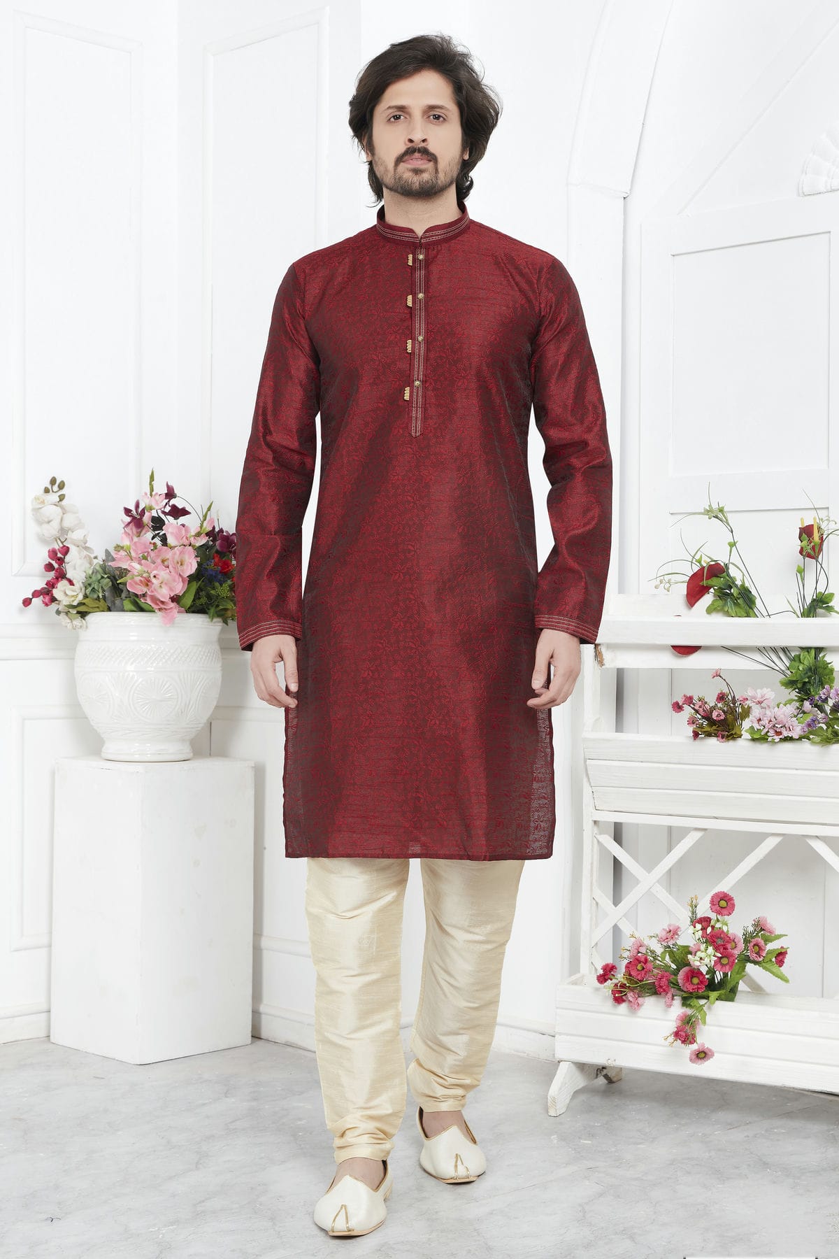 Maroon Colour Jacquard Silk Brocade Kurta Pajama