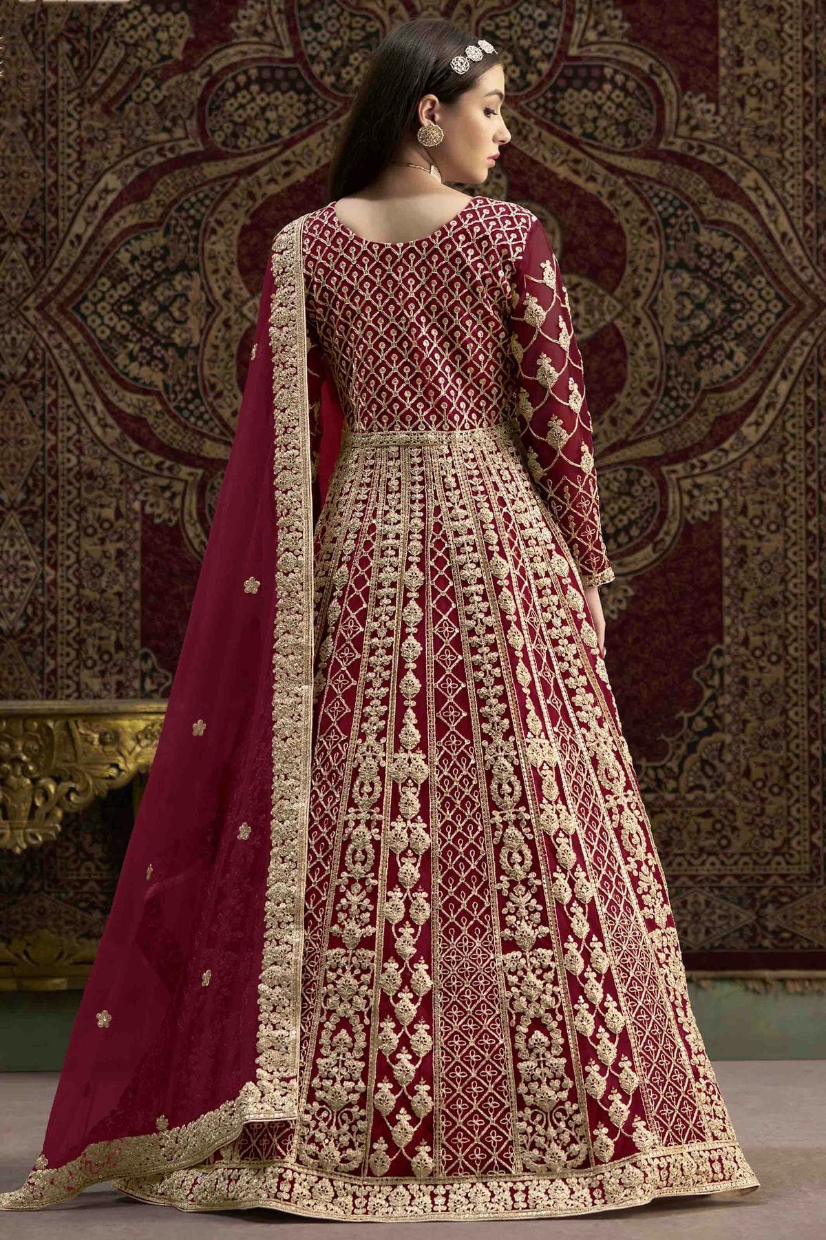 Maroon Colour Net Semi Stitched Anarkali Suit VSSM1050696