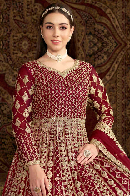 Maroon Colour Net Semi Stitched Anarkali Suit VSSM1050696