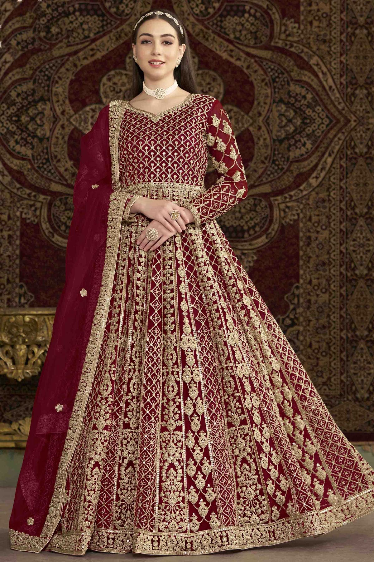 Maroon Colour Net Semi Stitched Anarkali Suit VSSM1050696