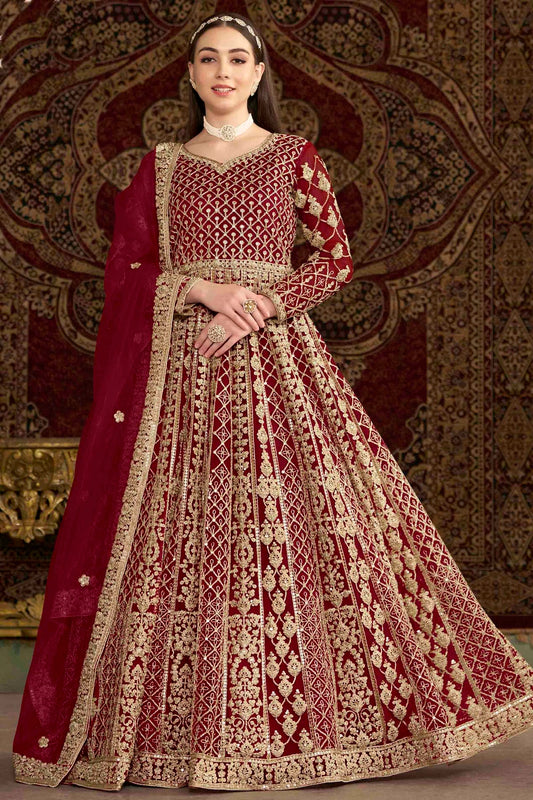 Maroon Colour Net Semi Stitched Anarkali Suit VSSM1050696