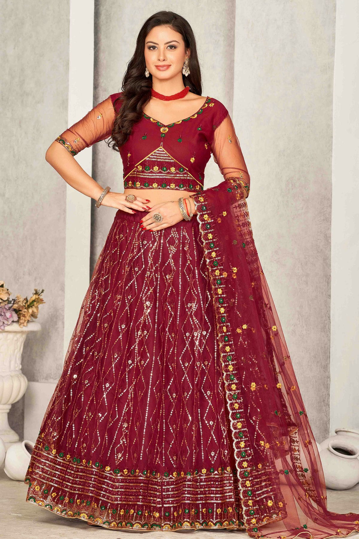 Maroon Colour Net Semi Stitched Lehenga Choli VSLC1170064