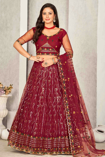 Maroon Colour Net Semi Stitched Lehenga Choli VSLC1170064