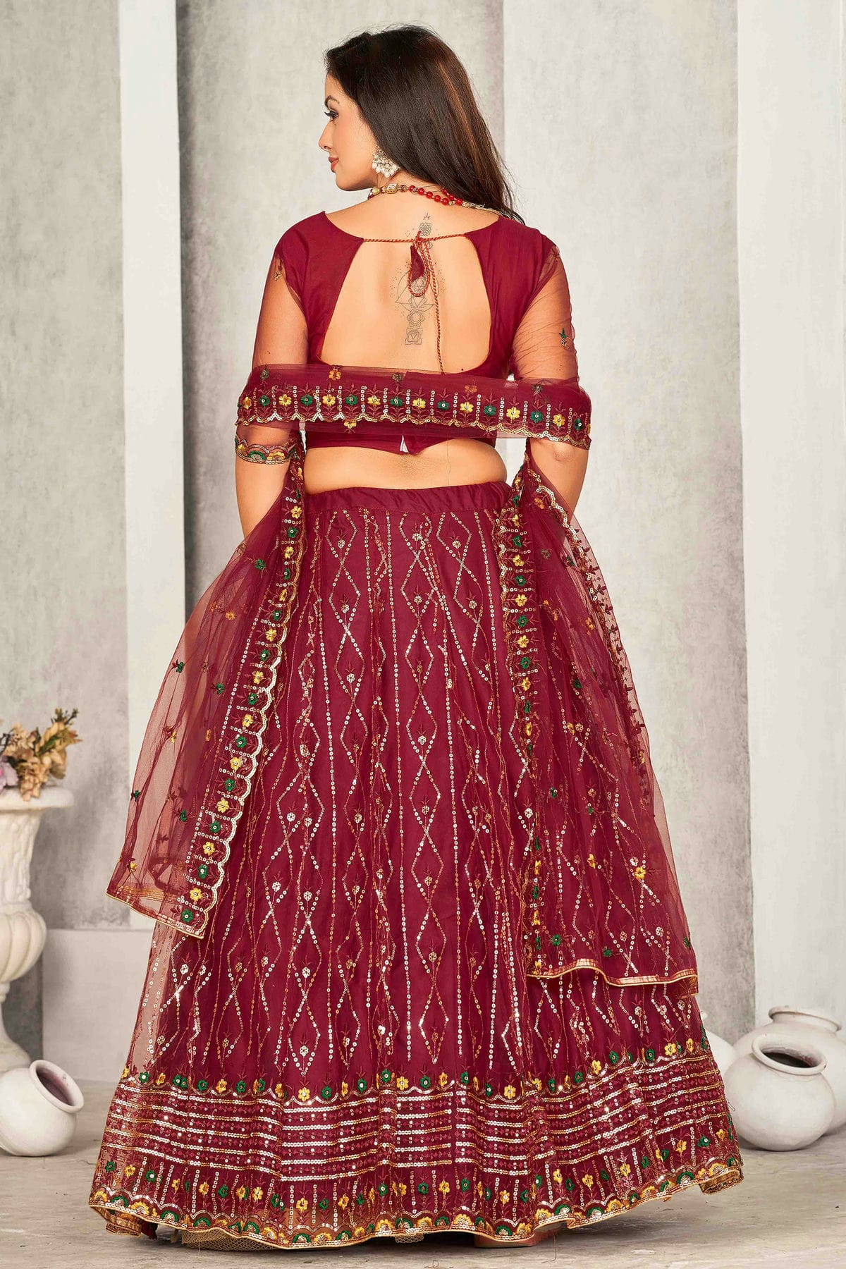 Maroon Colour Net Semi Stitched Lehenga Choli VSLC1170064