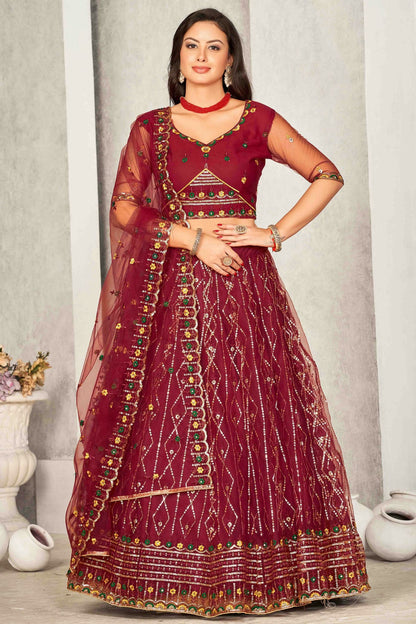 Maroon Colour Net Semi Stitched Lehenga Choli VSLC1170064