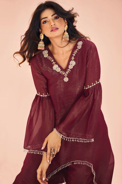 Maroon Colour Organza Indo Western Dress VSTP1080926