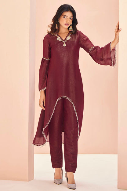 Maroon Colour Organza Indo Western Dress
