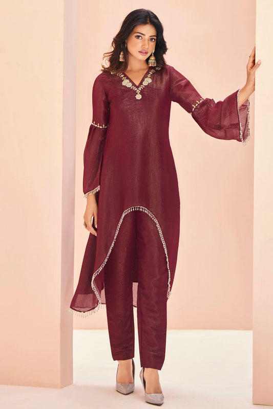 Maroon Colour Organza Indo Western Dress
