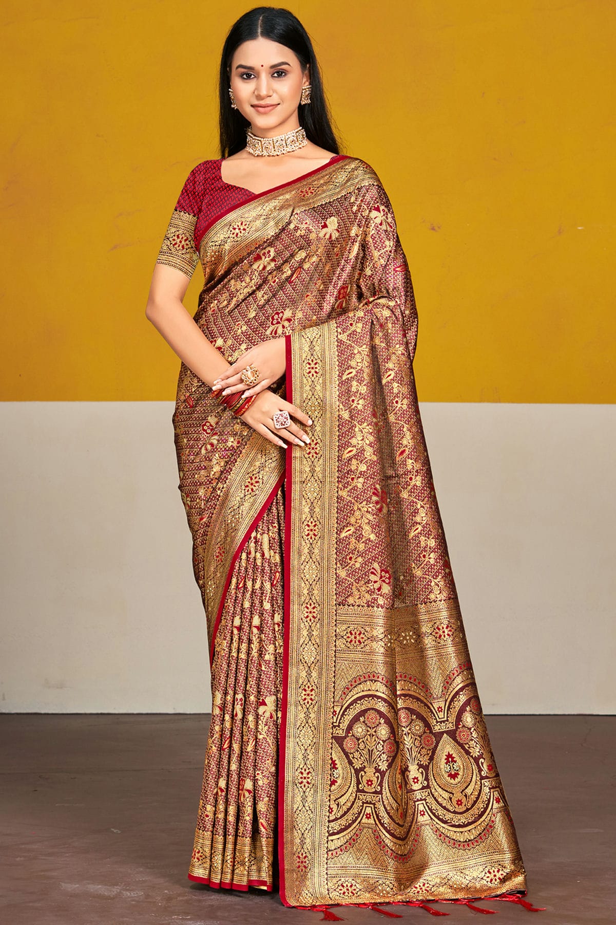 Maroon Colour Satin Silk Traditional Saree
