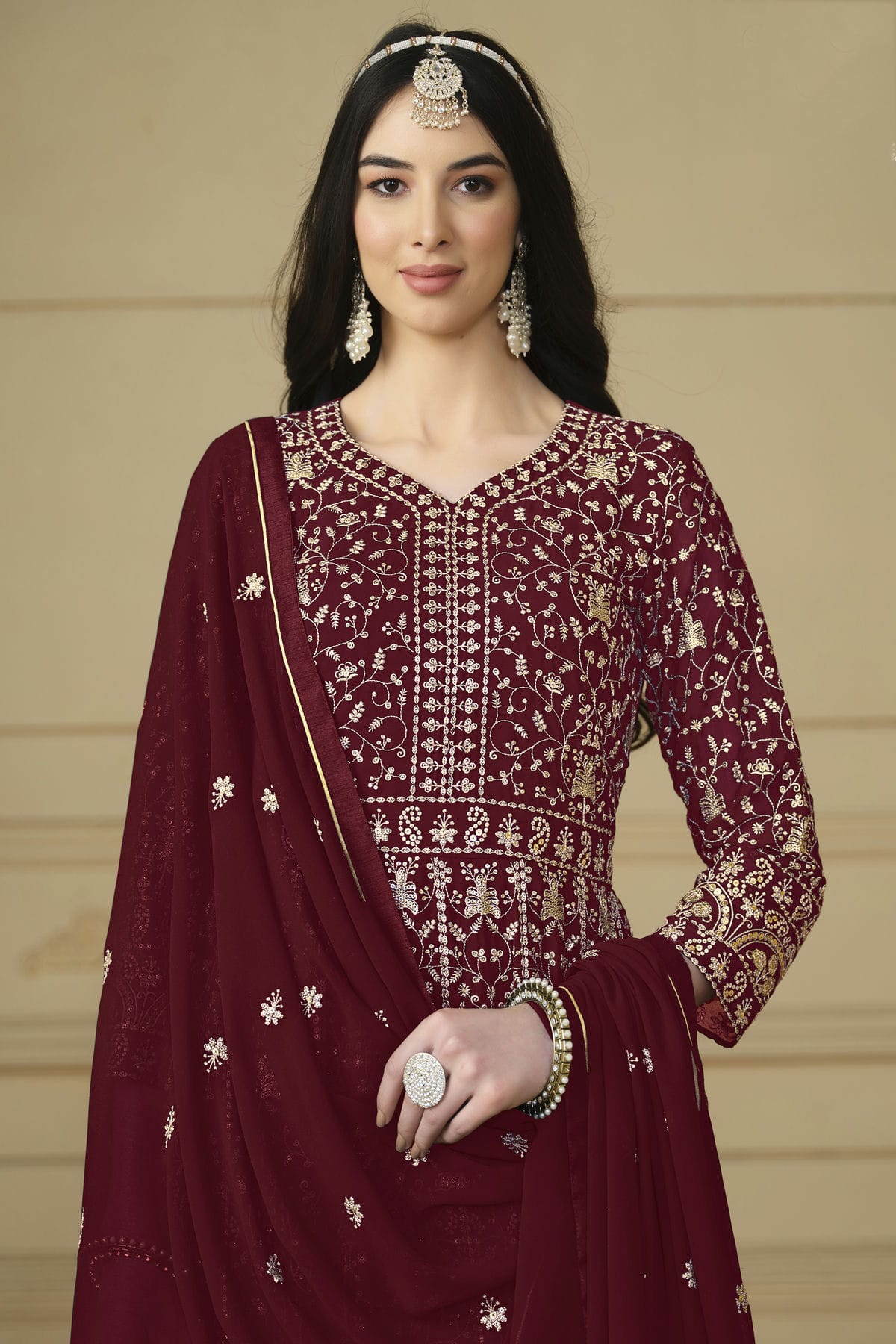 Maroon Colour Semi Stitched Faux Georgette Anarkali Suit VSSM1050480