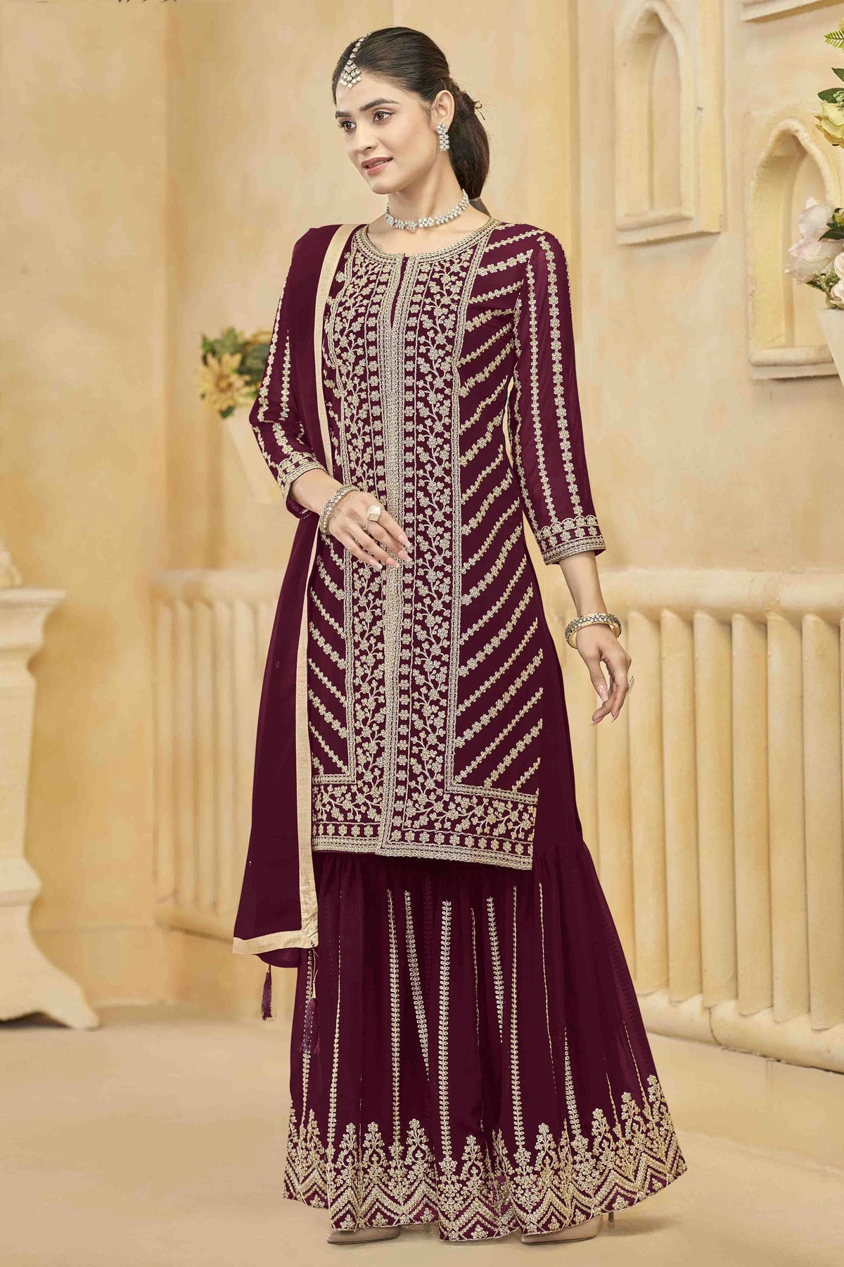 Maroon Colour Semi Stitched Faux Georgette Sharara Suit VSSM1050750
