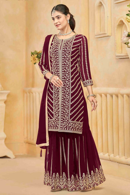 Maroon Colour Semi Stitched Faux Georgette Sharara Suit VSSM1050750