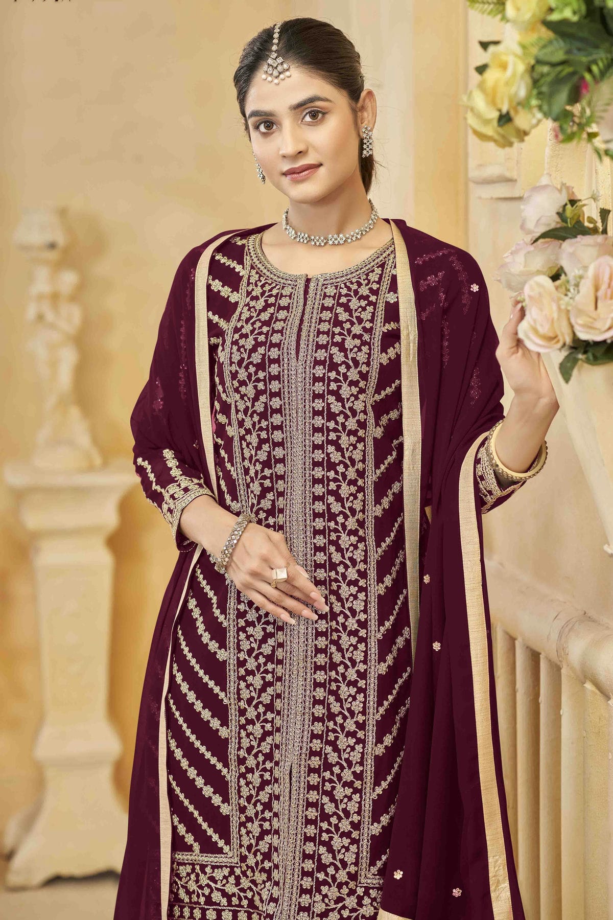 Maroon Colour Semi Stitched Faux Georgette Sharara Suit VSSM1050750