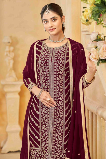 Maroon Colour Semi Stitched Faux Georgette Sharara Suit VSSM1050750