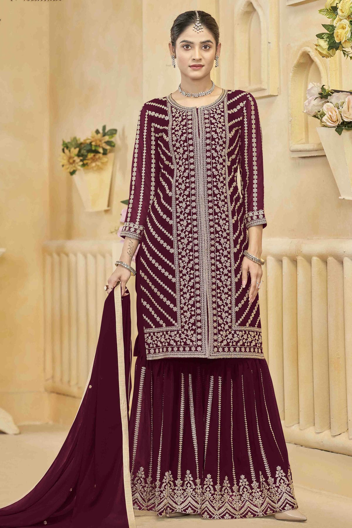 Maroon Colour Semi Stitched Faux Georgette Sharara Suit VSSM1050750