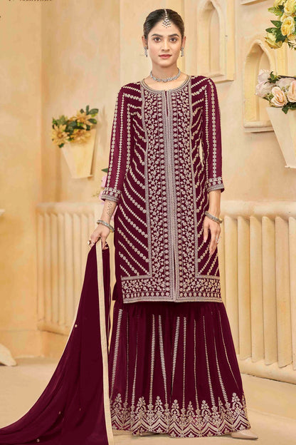 Maroon Colour Semi Stitched Faux Georgette Sharara Suit VSSM1050750