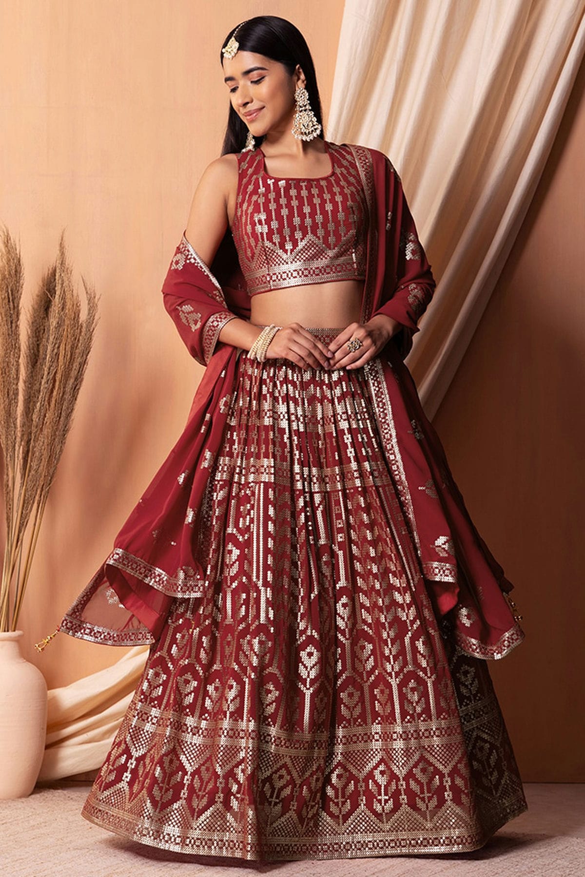 Maroon Colour Semi Stitched Georgette Lehenga Choli