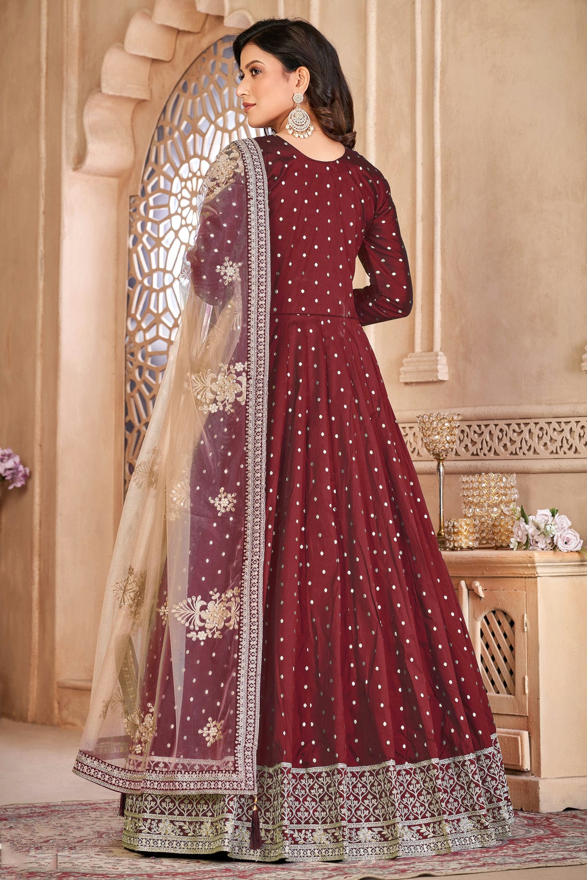 Maroon Colour Semi Stitched Taffeta Silk Anarkali Suit VSSM1050423