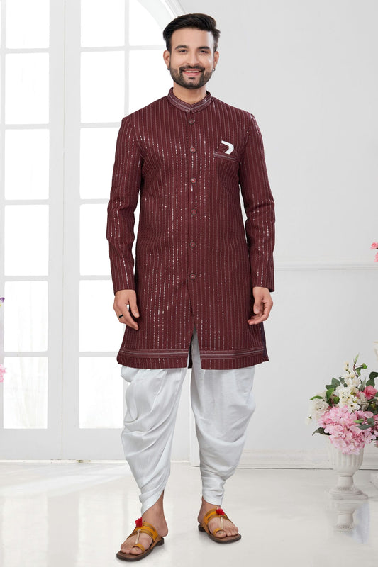 Maroon Colour Silk Dupion Dhoti Sherwani