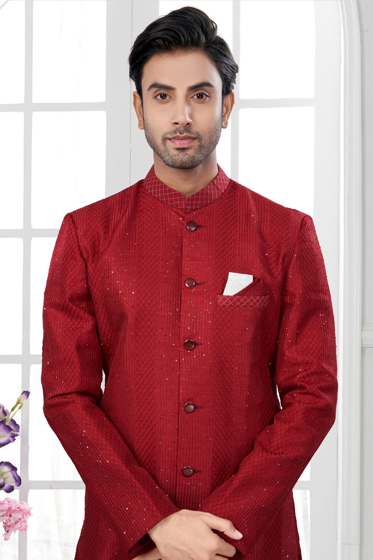 Maroon Colour Silk Dupion Sherwani VSSH1040619