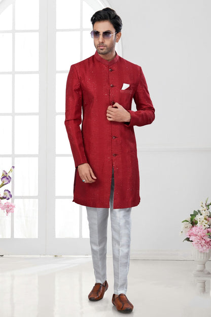 Maroon Colour Silk Dupion Sherwani