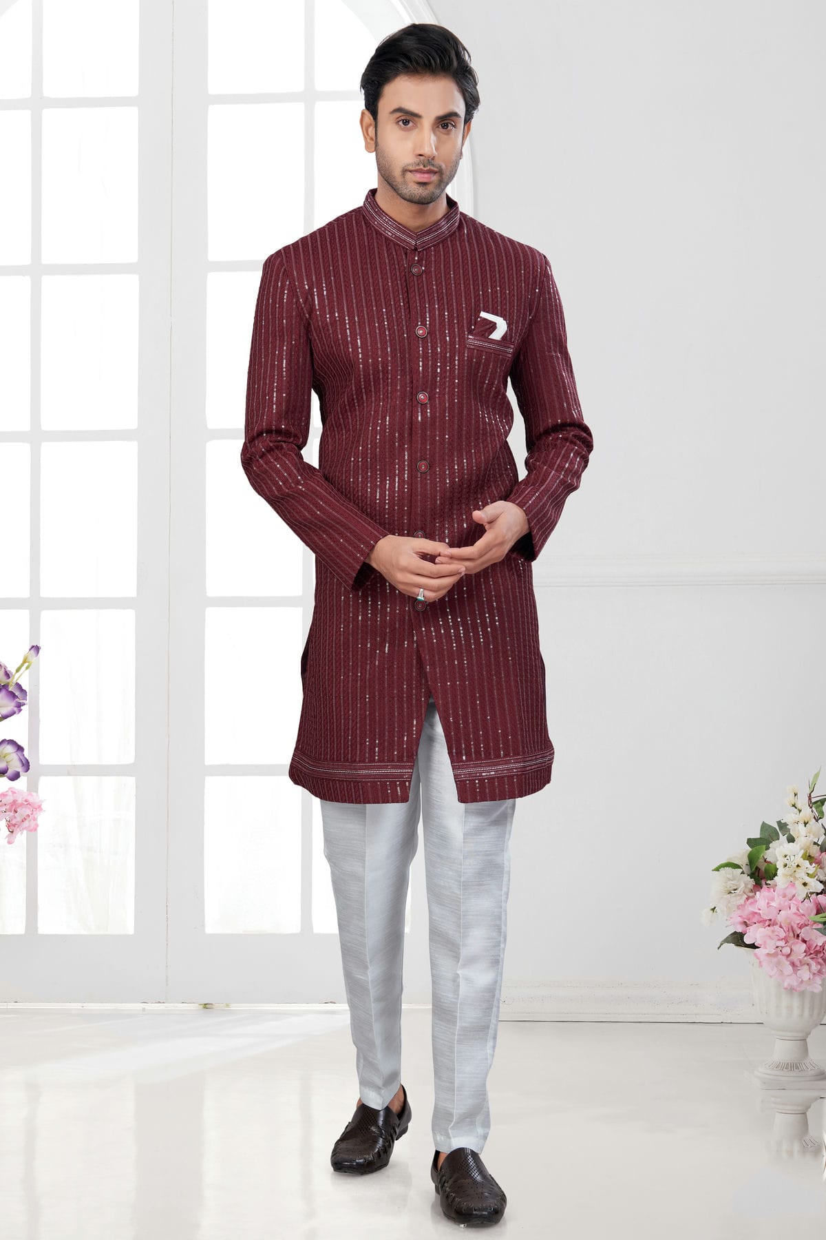 Maroon Colour Silk Dupion Sherwani