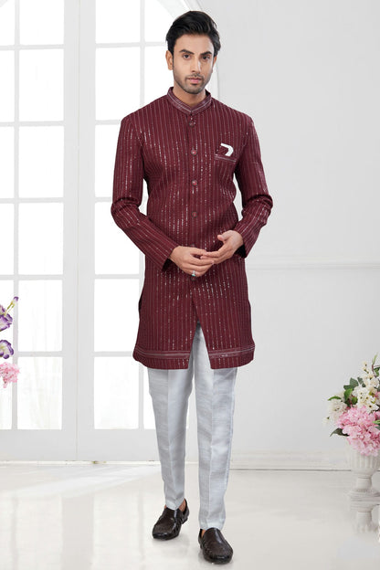 Maroon Colour Silk Dupion Sherwani