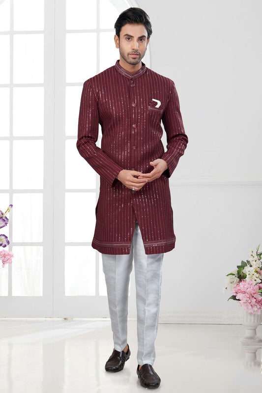 Maroon Colour Silk Dupion Sherwani