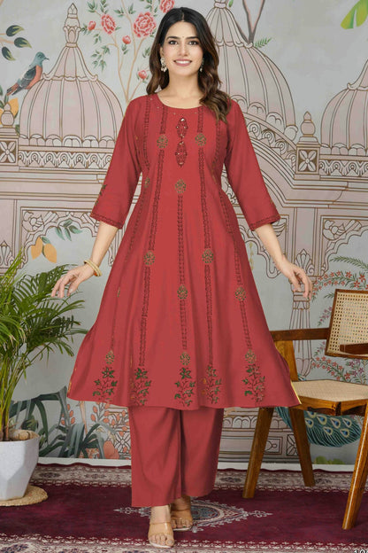 Maroon Colour Viscose Roman Silk Stitched Top and Bottom VSSS1113947