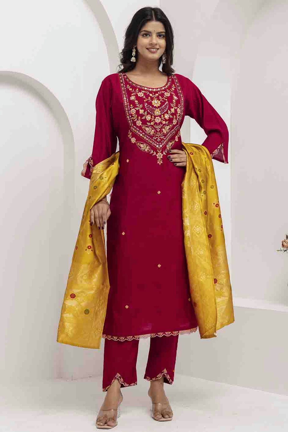 Maroon Colour Viscose Silk Embroidery and Woven Work Pant Style Suit VSSS1113677