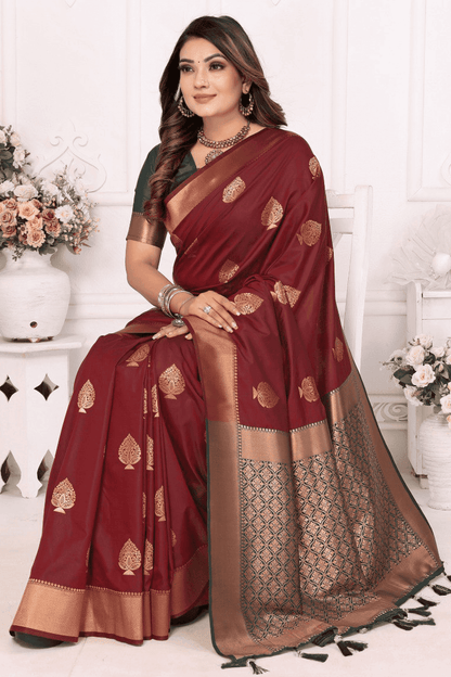 Maroon Colour Woven Work Lichi Soft Silk Traditional Saree
