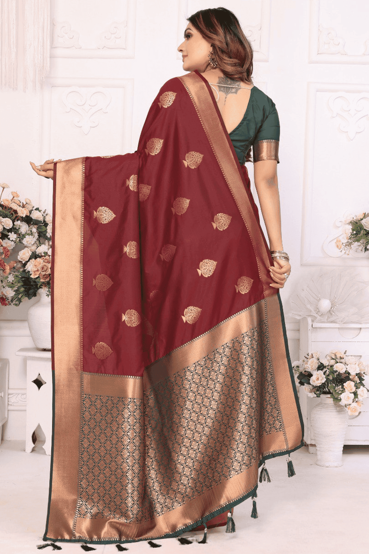 Maroon Colour Woven Work Lichi Soft Silk Traditional Saree