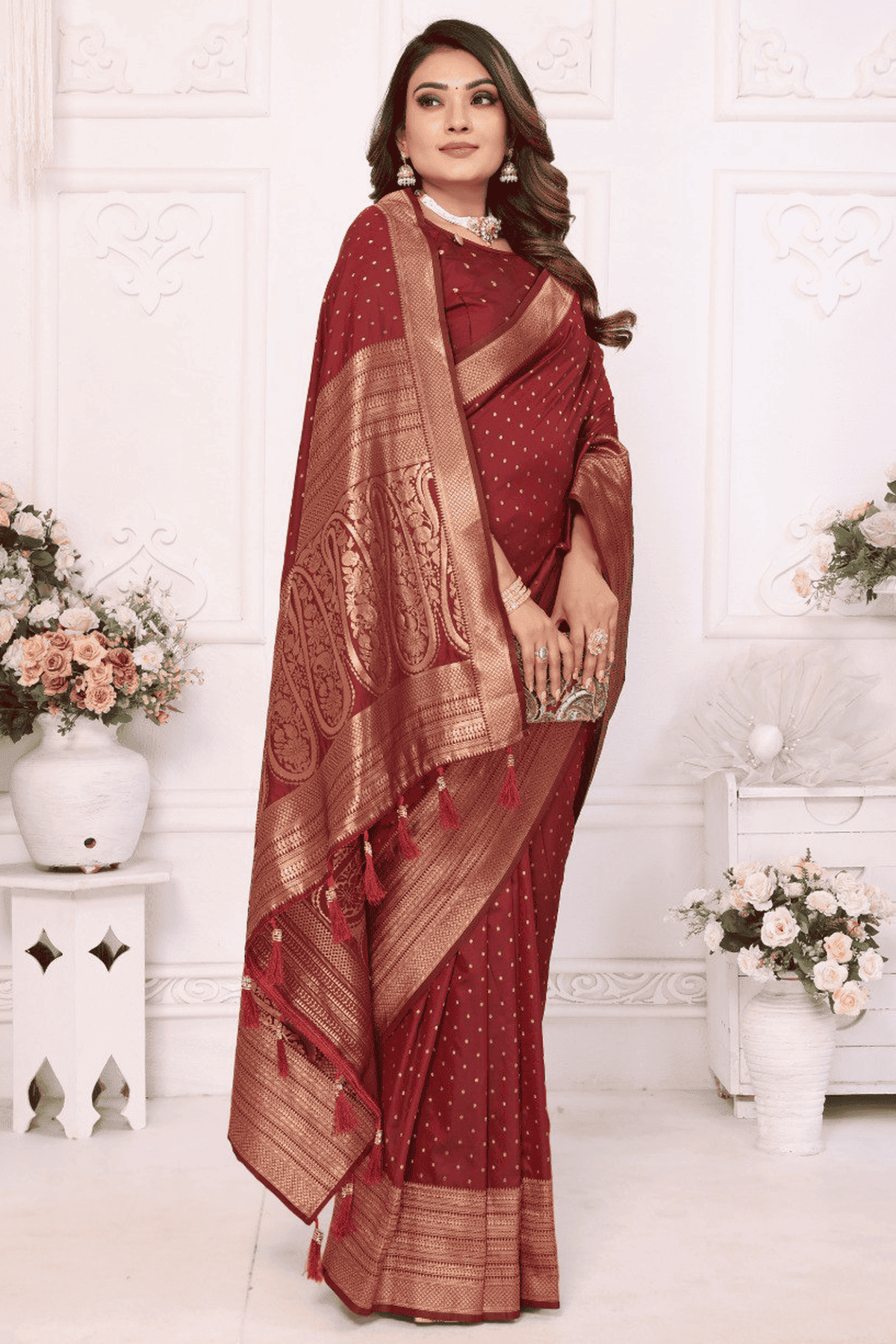Maroon Colour Woven Work Soft Silk Traditional Saree