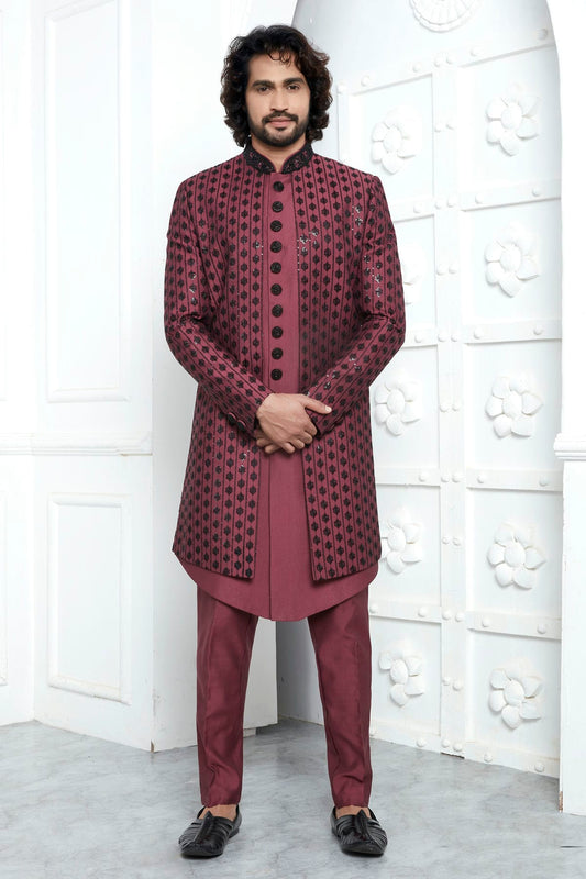 Mauve Colour Art Silk Indowestern Sherwani With Aligadhi Pant