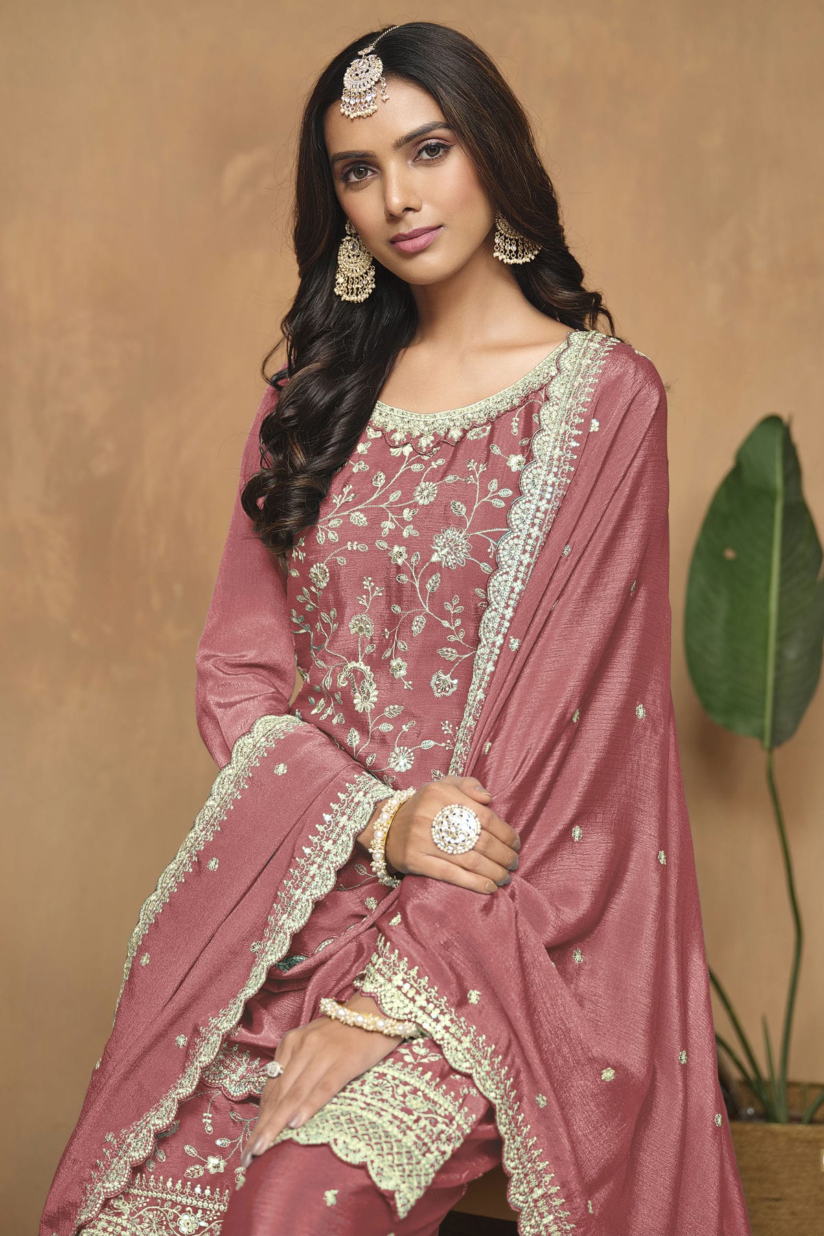 Mauve Colour Chinon Palazzo Pant Suit VSSM1050583