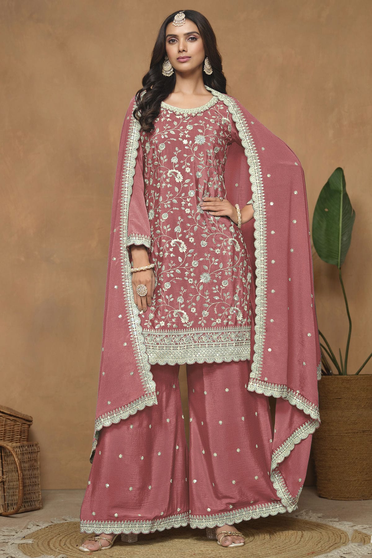 Mauve Colour Chinon Palazzo Pant Suit