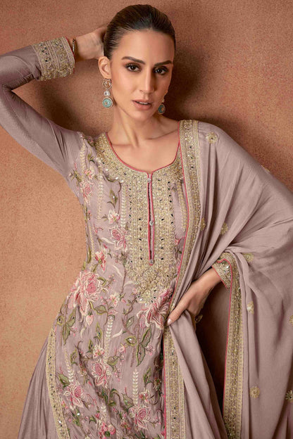 Mauve Colour Chinon Palazzo Pant Suit VSSM1112963