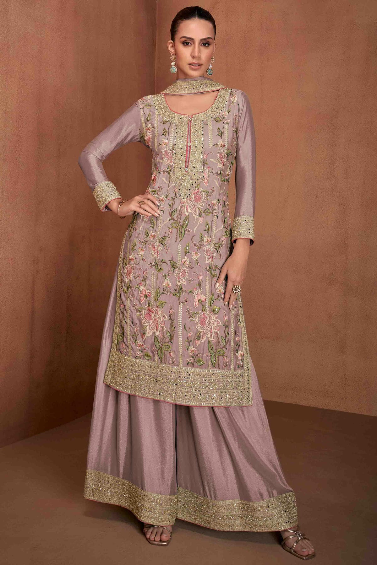 Mauve Colour Chinon Palazzo Pant Suit VSSM1112963